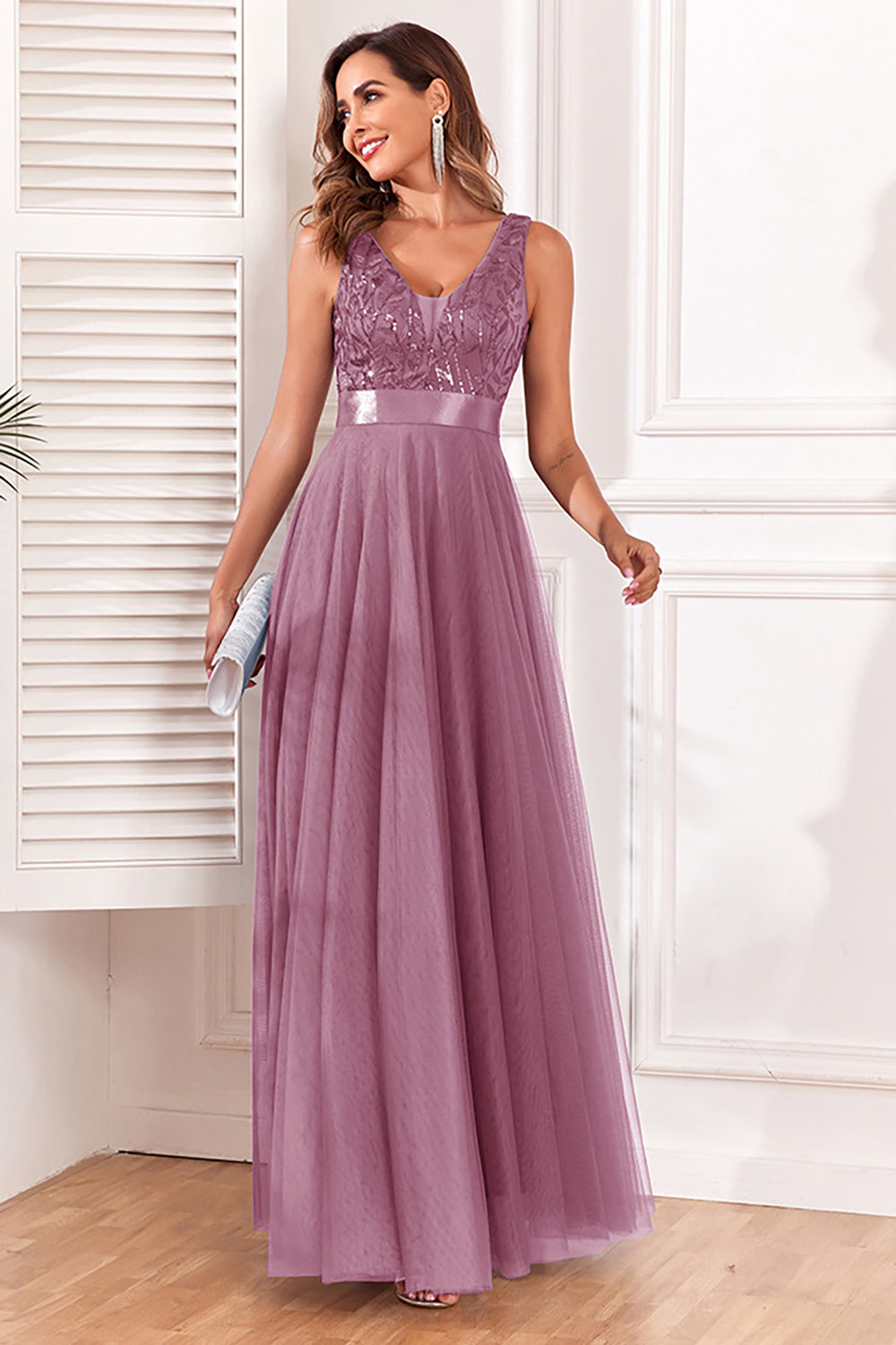 A-Line V-Neck Blue Formal Dress