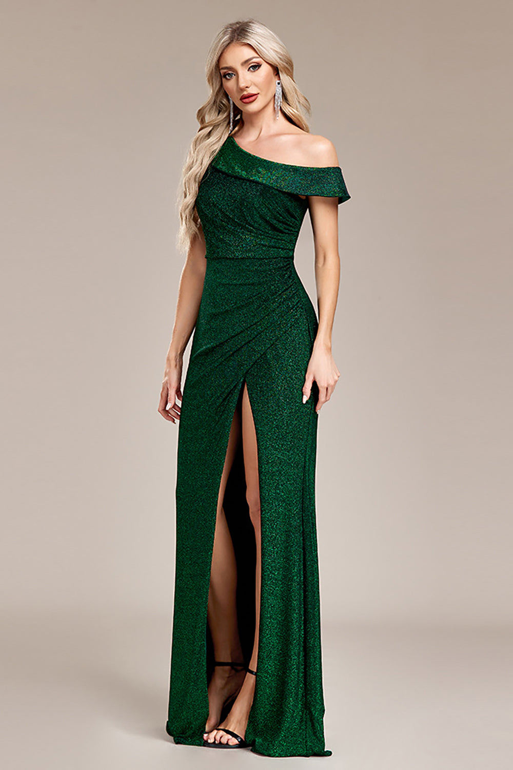 Glitter Dark Green Mermaid One Shoulder Long Formal Dress with Slit