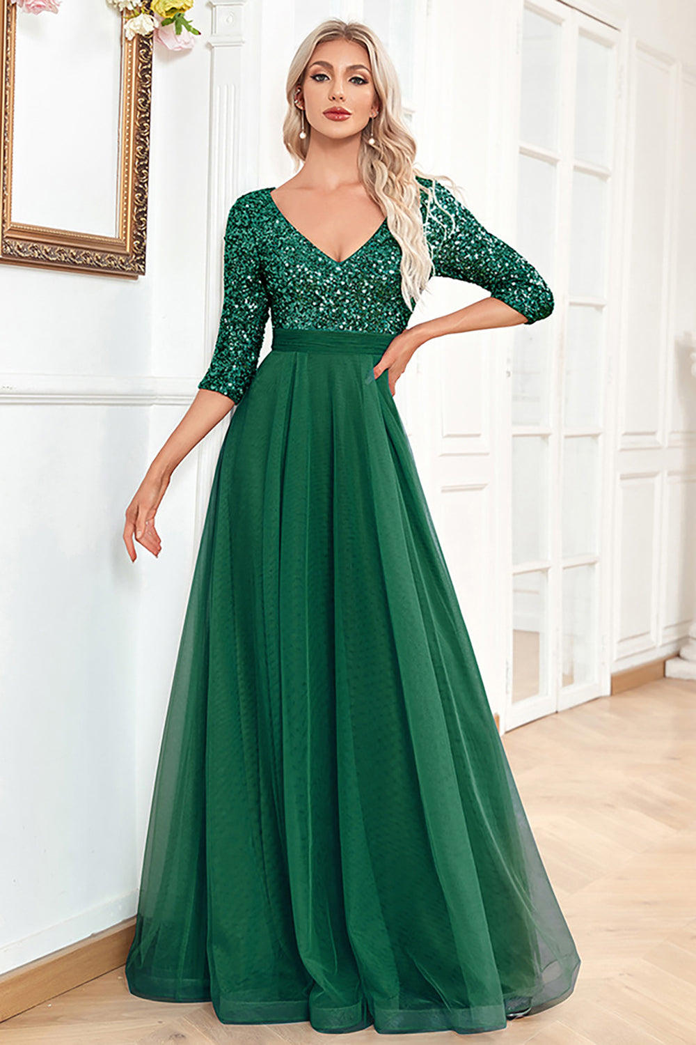 Black A-Line V Neck Short Sleeves Sequins Formal Dress