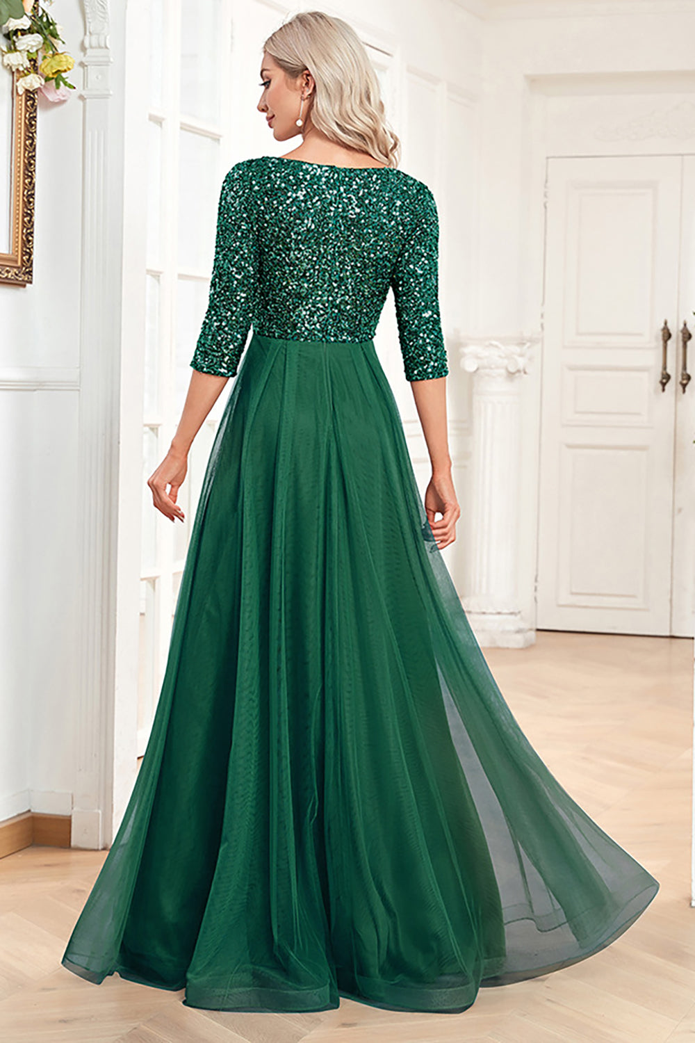 Black A-Line V Neck Short Sleeves Sequins Formal Dress