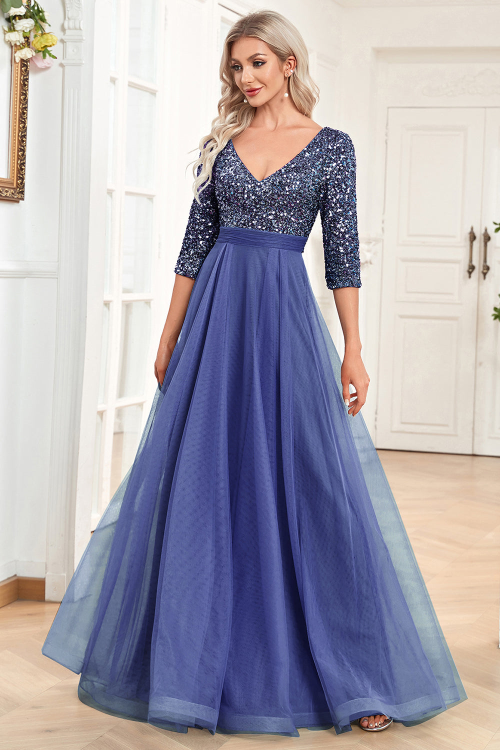 Black A-Line V Neck Short Sleeves Sequins Formal Dress