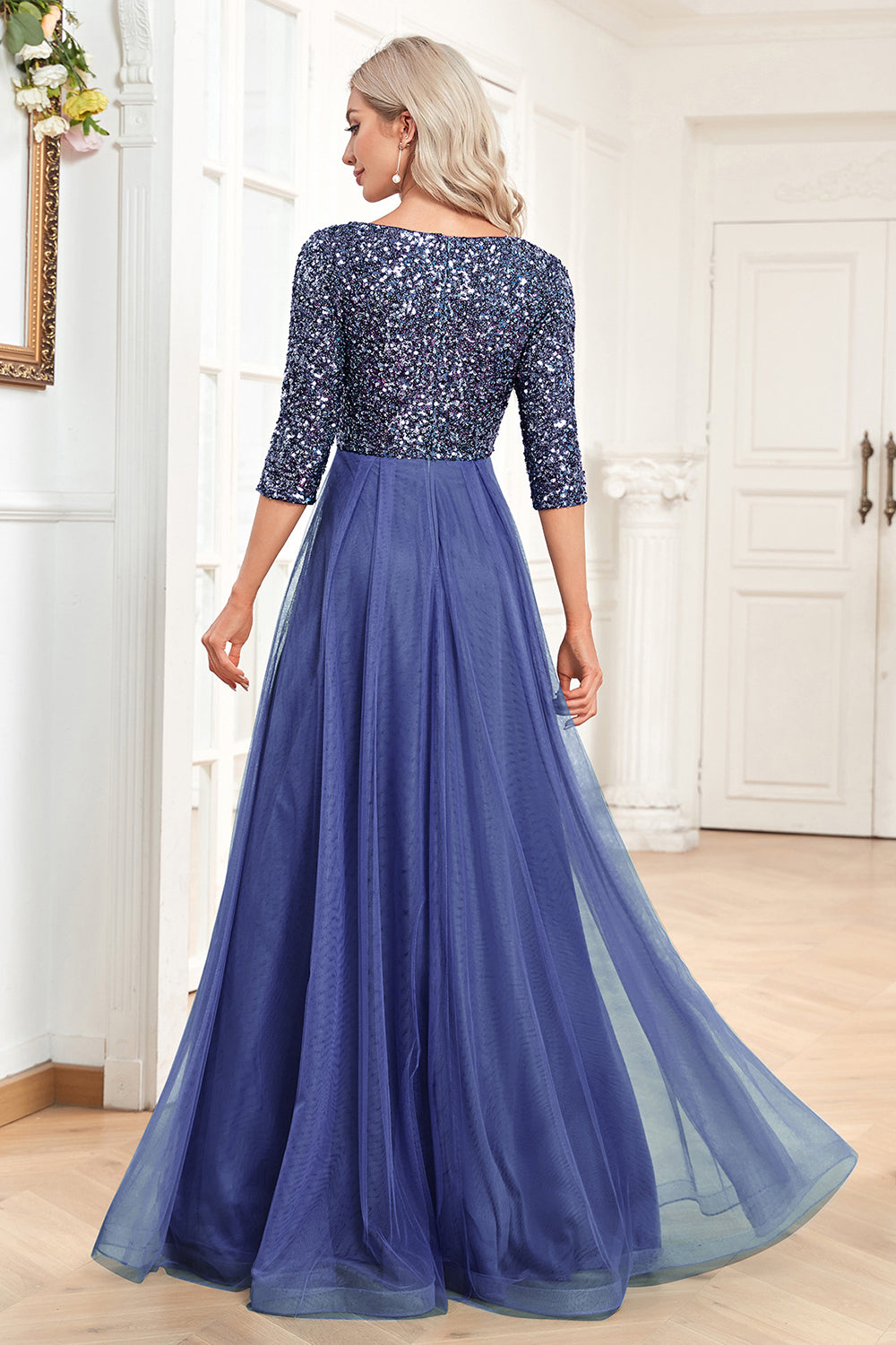 Black A-Line V Neck Short Sleeves Sequins Formal Dress