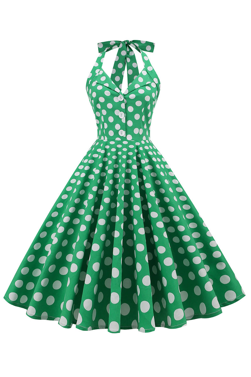 ZAPAKA Women Vintage Dress Green Halter Polka Dots Print A line