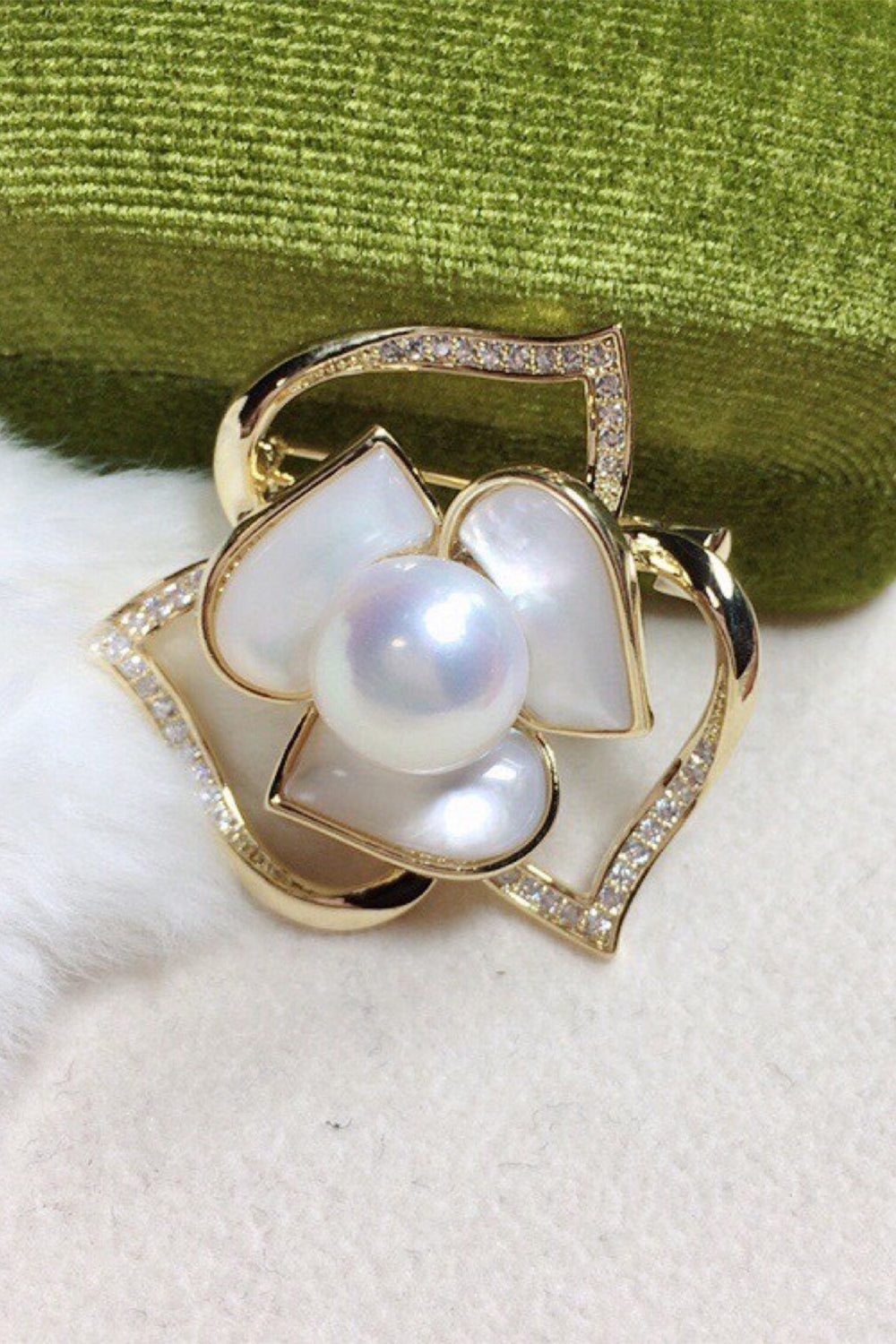 Rhinestone & Pearls White Brooch