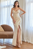 White Mermaid Sequins Formal Dress with Slit
