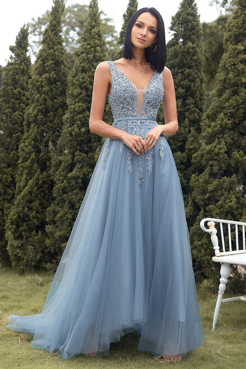 A Line Long Blue Formal Dress with Appliques