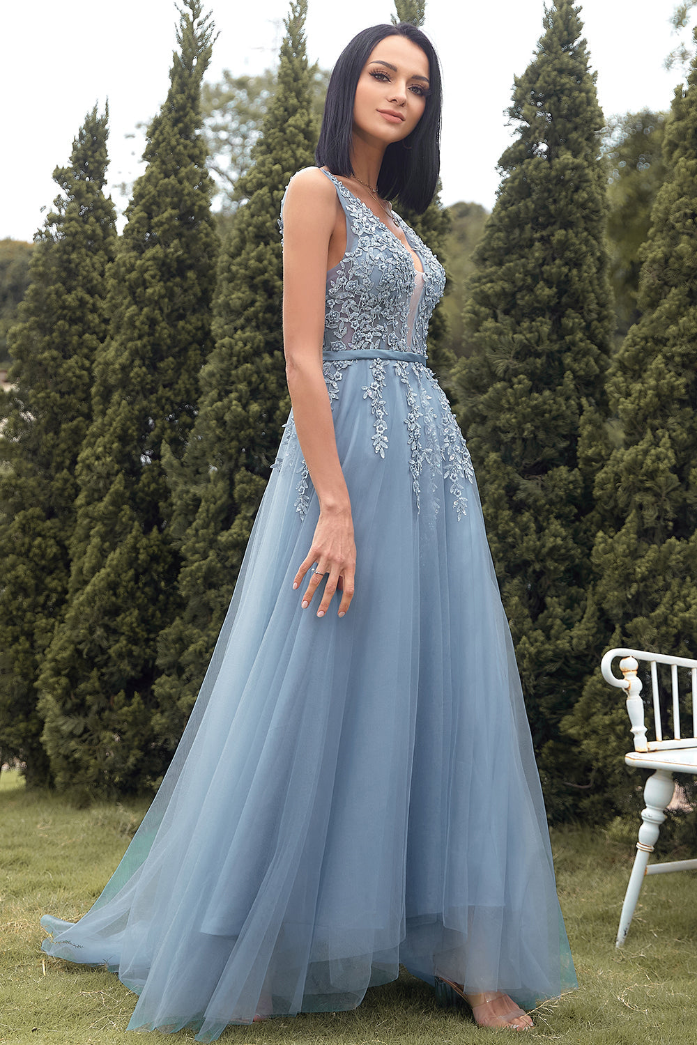 A-Line Long Blue Formal Dress with Appliques