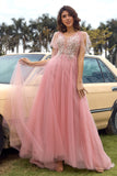 A Line V Neck Blush Long Formal Dress with Appliques