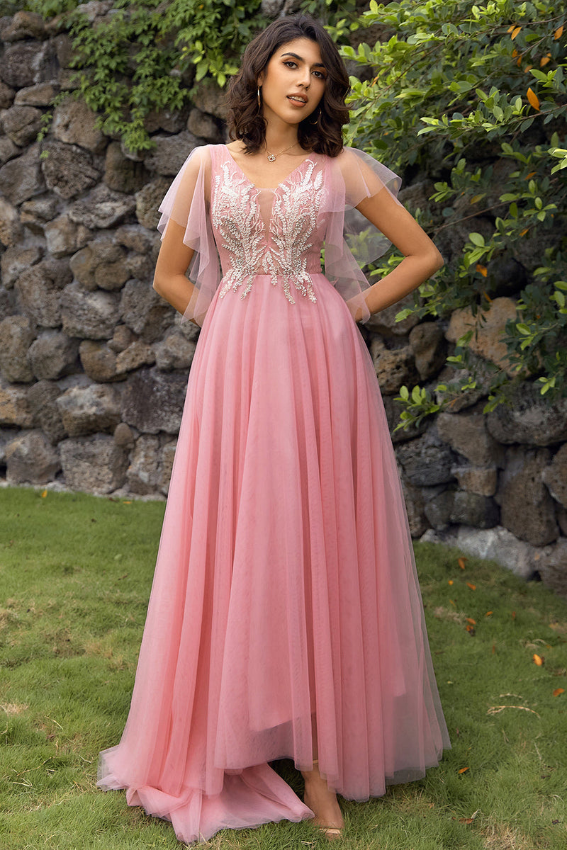 A Line V Neck Blush Long Formal Dress with Appliques