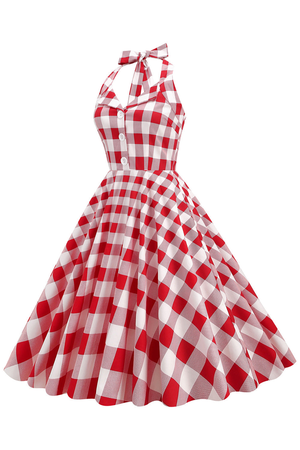 Red Plaid Halter 1950s Swing Dress