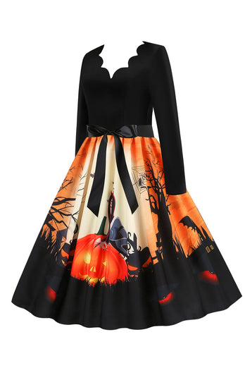 V-Neck Long Sleeves Lantern Printed Halloween Retro Dress
