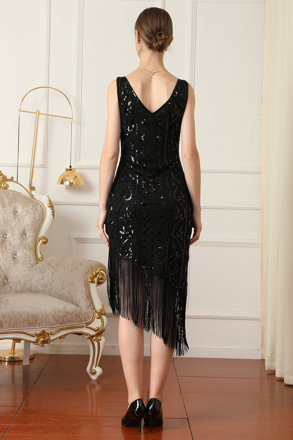 Black Sequin 1920s Flapper Dress with Fringes