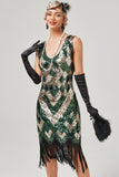 Green Scoop Neck Sleeveless Flapper Dress With Fringes