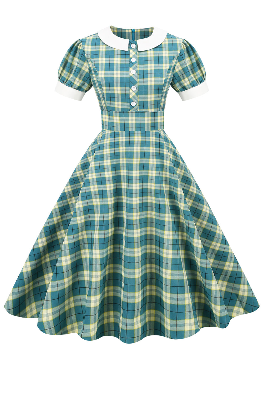 Jewel Neck Green Grid 1950s Dress with Short Sleeves
