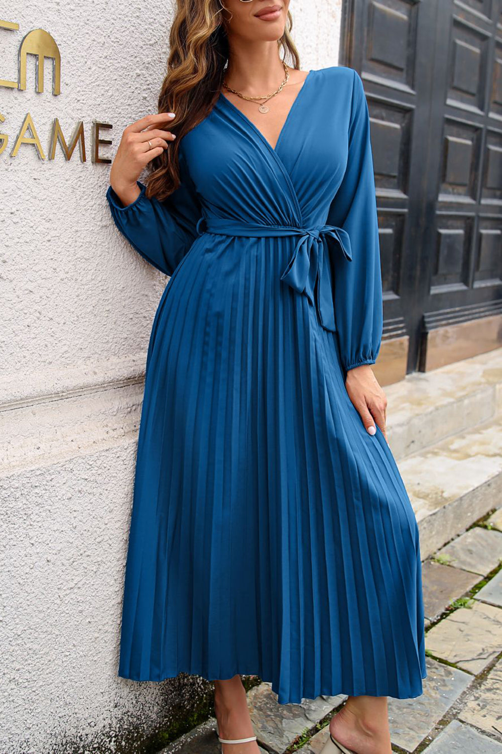 Blue V-Neck Casual Dress With Sash