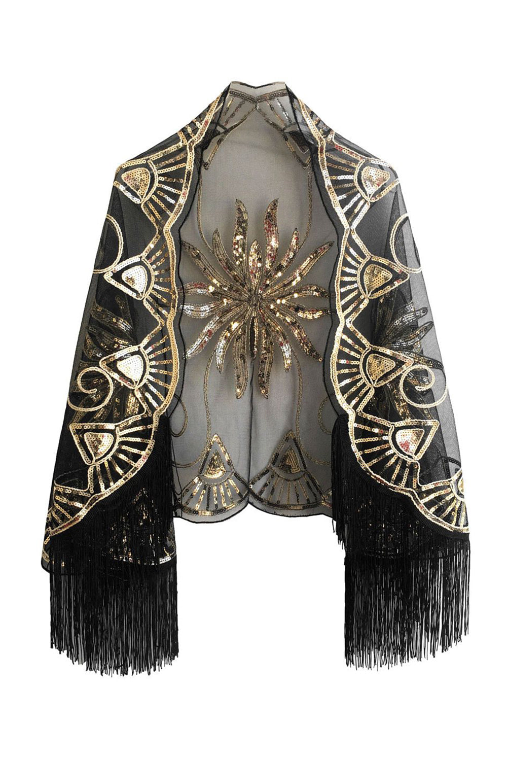 Black Golden Sequined 1920s Cape With Fringes