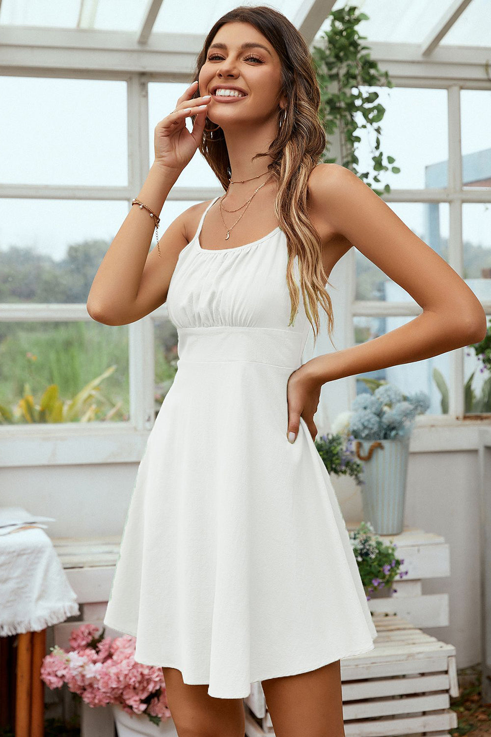 White Open Back Spaghetti Straps Graduation Dress