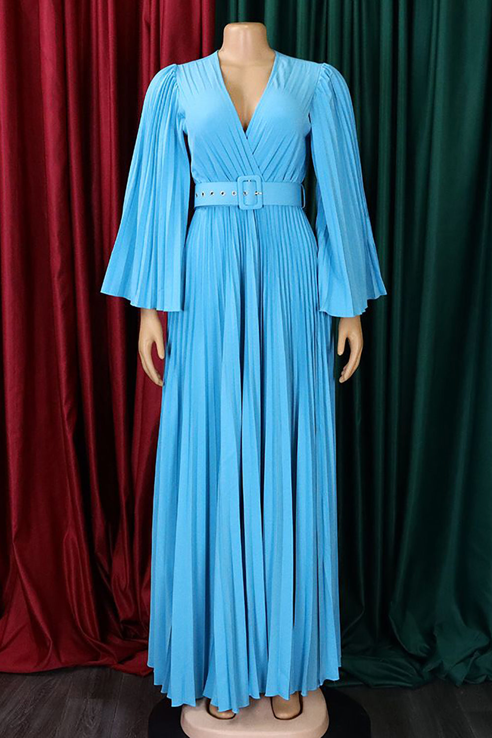 Sky Blue Pleated Long Wedding Guest Dress