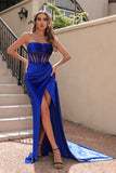Black Strapless Corset Formal Dress with Slit