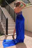 Black Strapless Corset Formal Dress with Slit