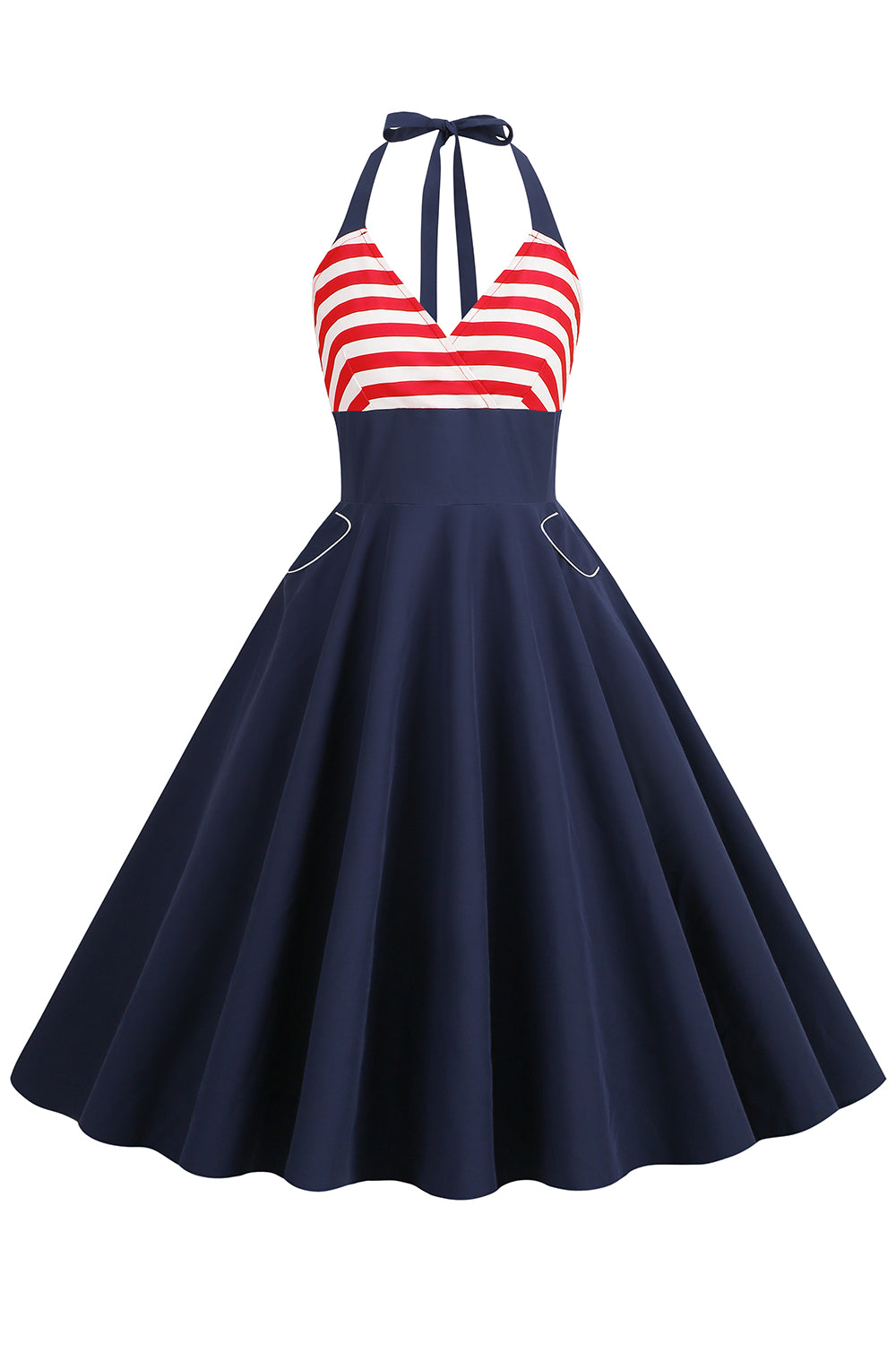 Halter Stripe Blue Swing Retro Dress With Pockets