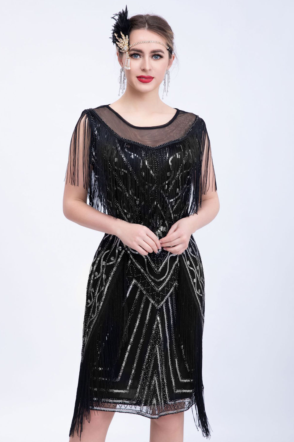Black Glitter Sequins Flapper Dress with Fringes
