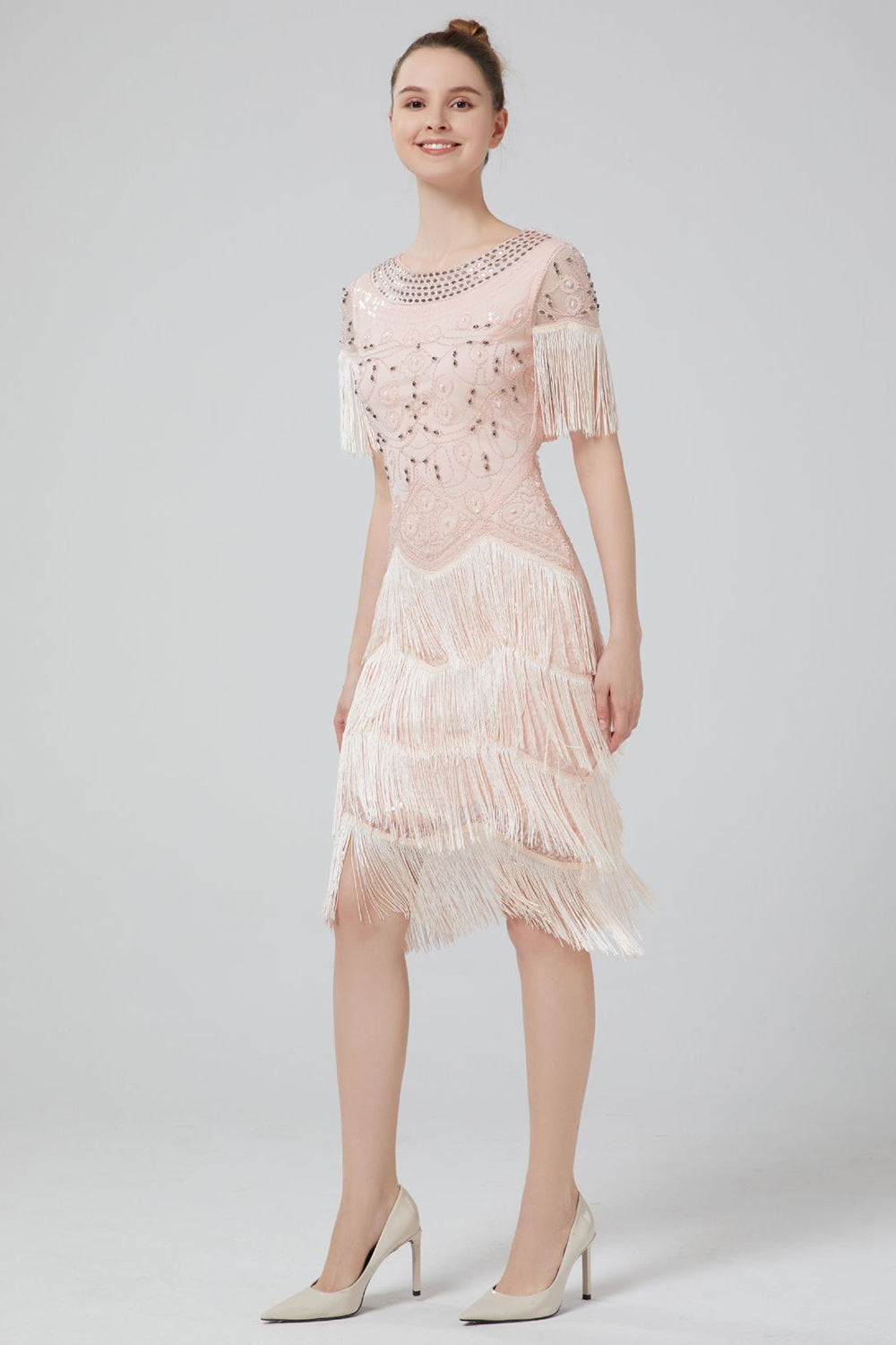 Blush Sequins 1920s Dress with Fringes