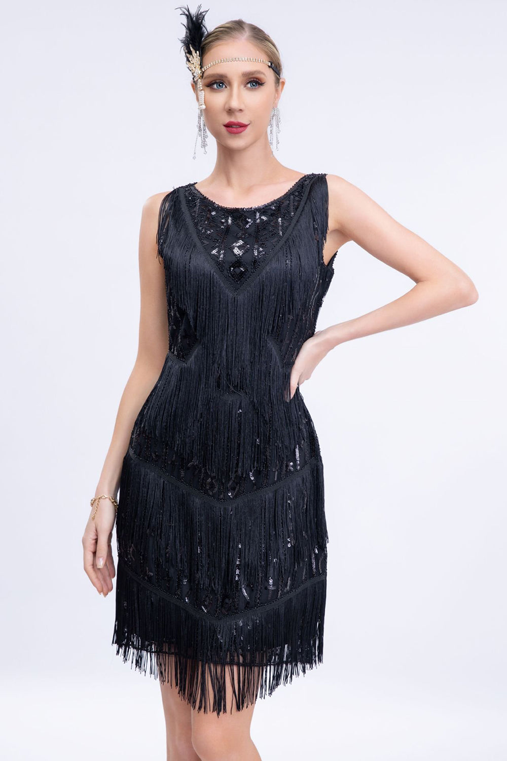 Black Sequins Gatsby Fringed Flapper Dress