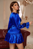 V-Neck Royal Blue Short Cocktail Dress Long Sleeves