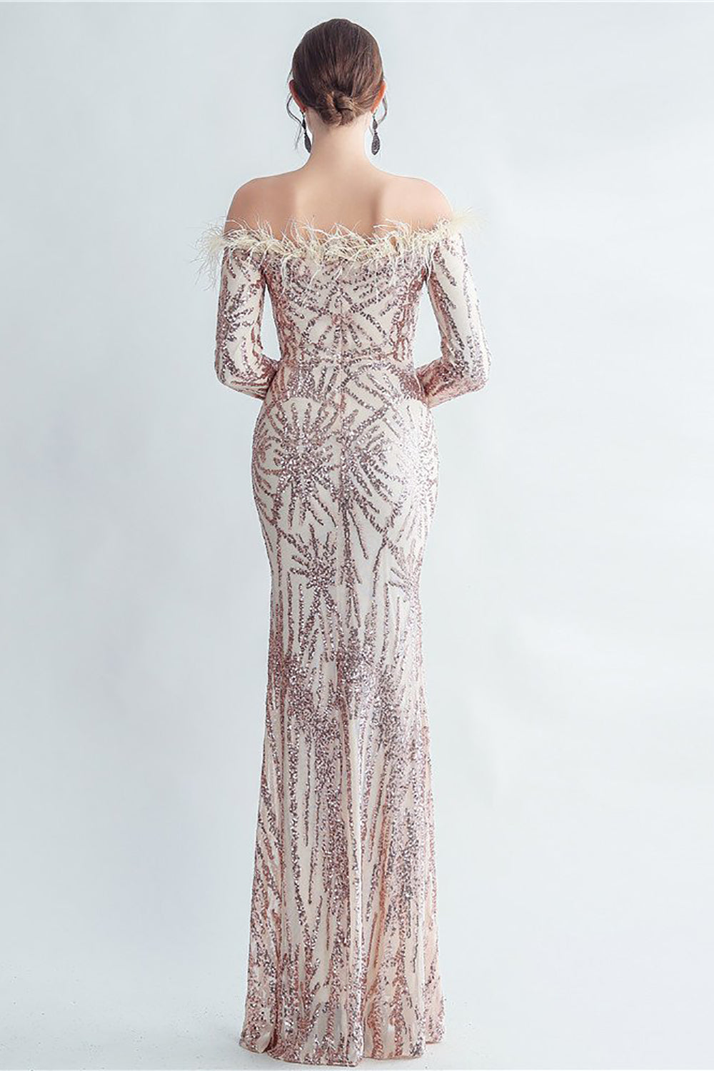 Sparkly Off The Shoulder Sequins Golden Formal Dress with Feathers