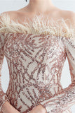 Sparkly Off The Shoulder Sequins Golden Formal Dress with Feathers