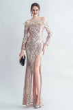 Sparkly Off The Shoulder Sequins Golden Formal Dress with Feathers