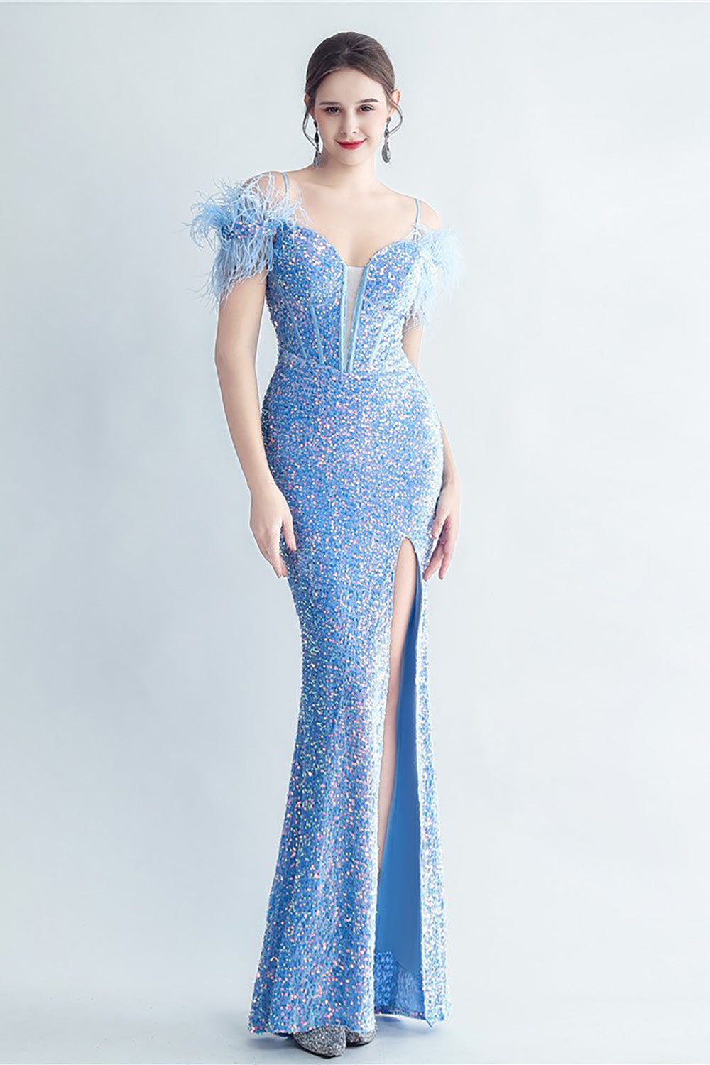 Cold Shoulder Sequins Blue Corset Formal Dress with Feathers