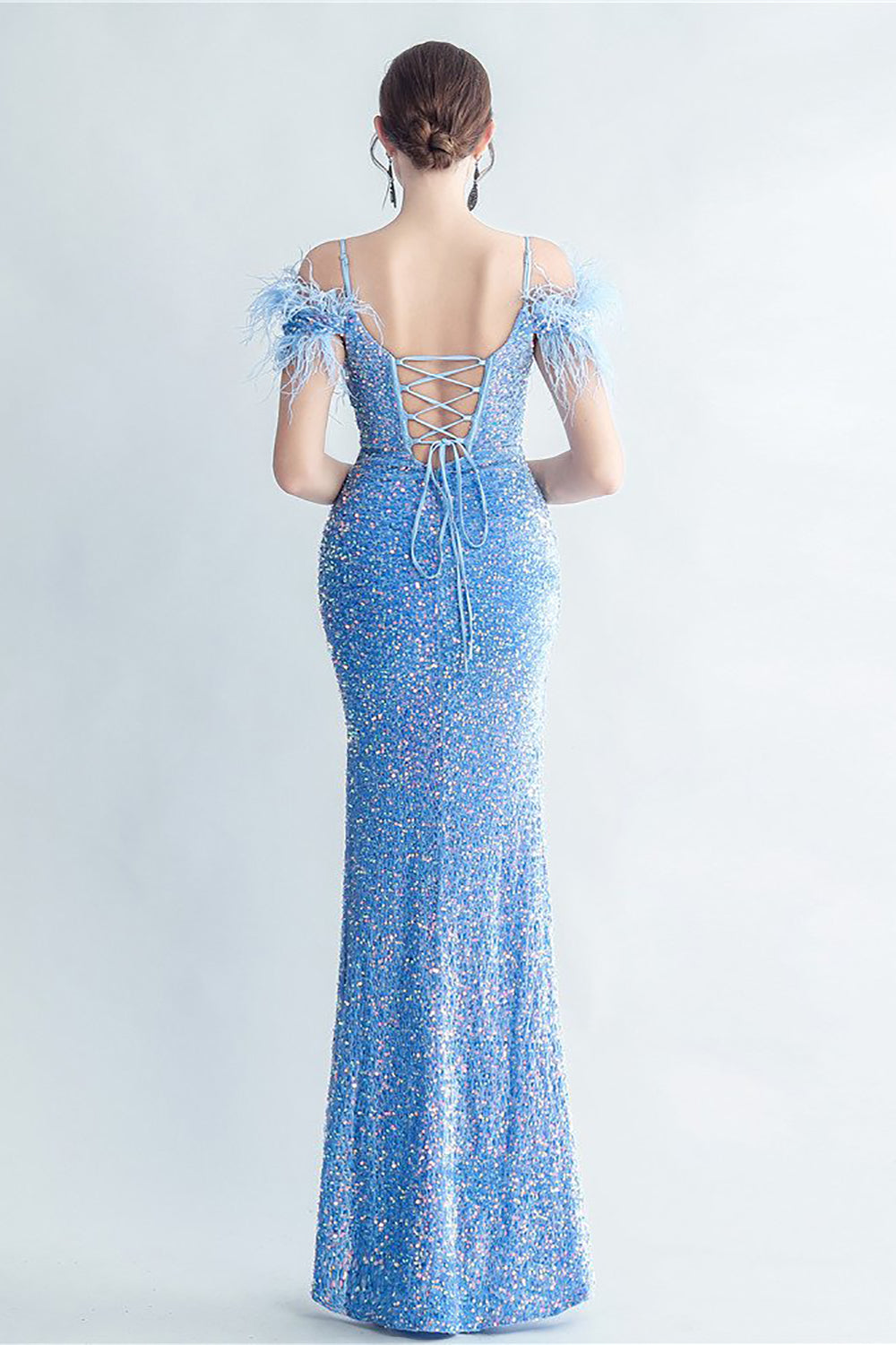 Cold Shoulder Sequins Blue Corset Formal Dress with Feathers