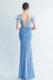 Cold Shoulder Sequins Blue Corset Formal Dress with Feathers