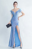 Cold Shoulder Sequins Blue Corset Formal Dress with Feathers