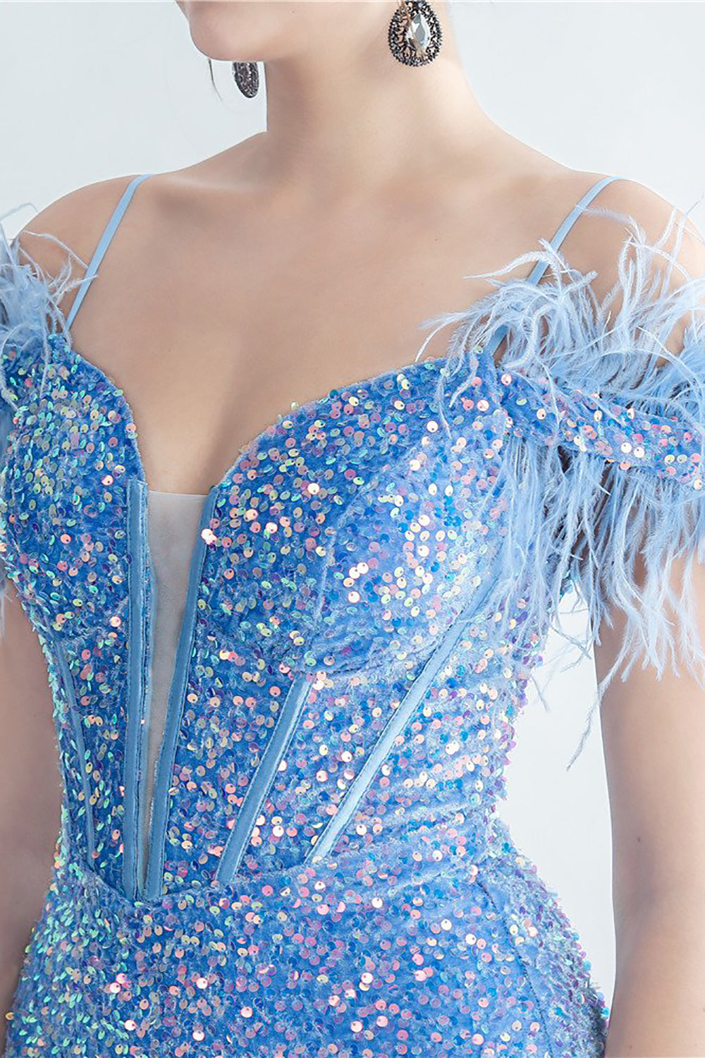 Cold Shoulder Sequins Blue Corset Formal Dress with Feathers