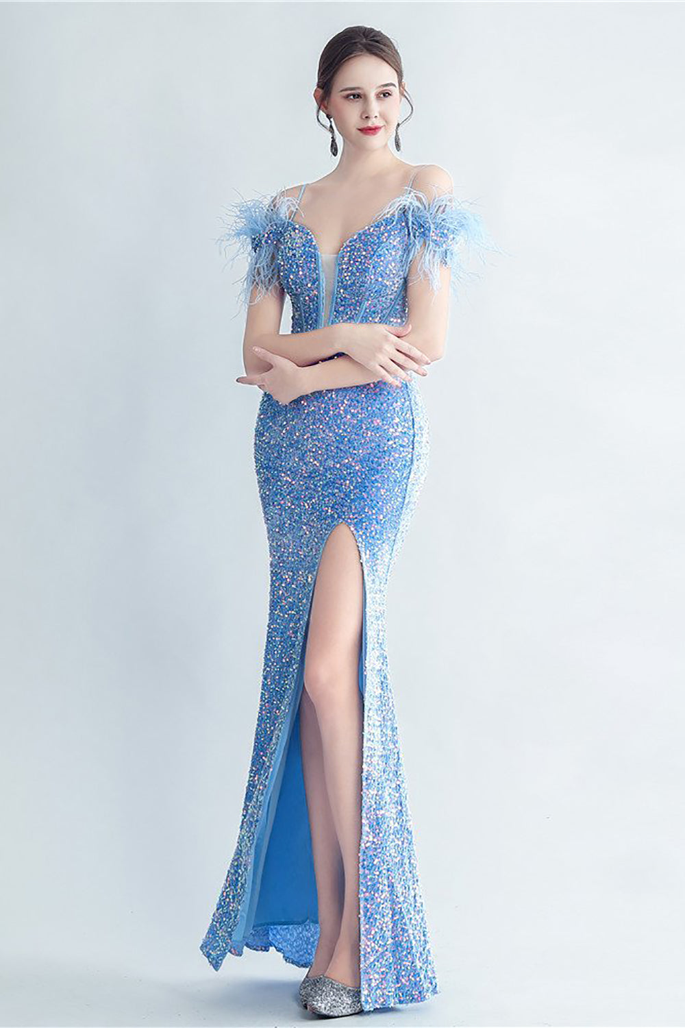 Cold Shoulder Sequins Blue Corset Formal Dress with Feathers