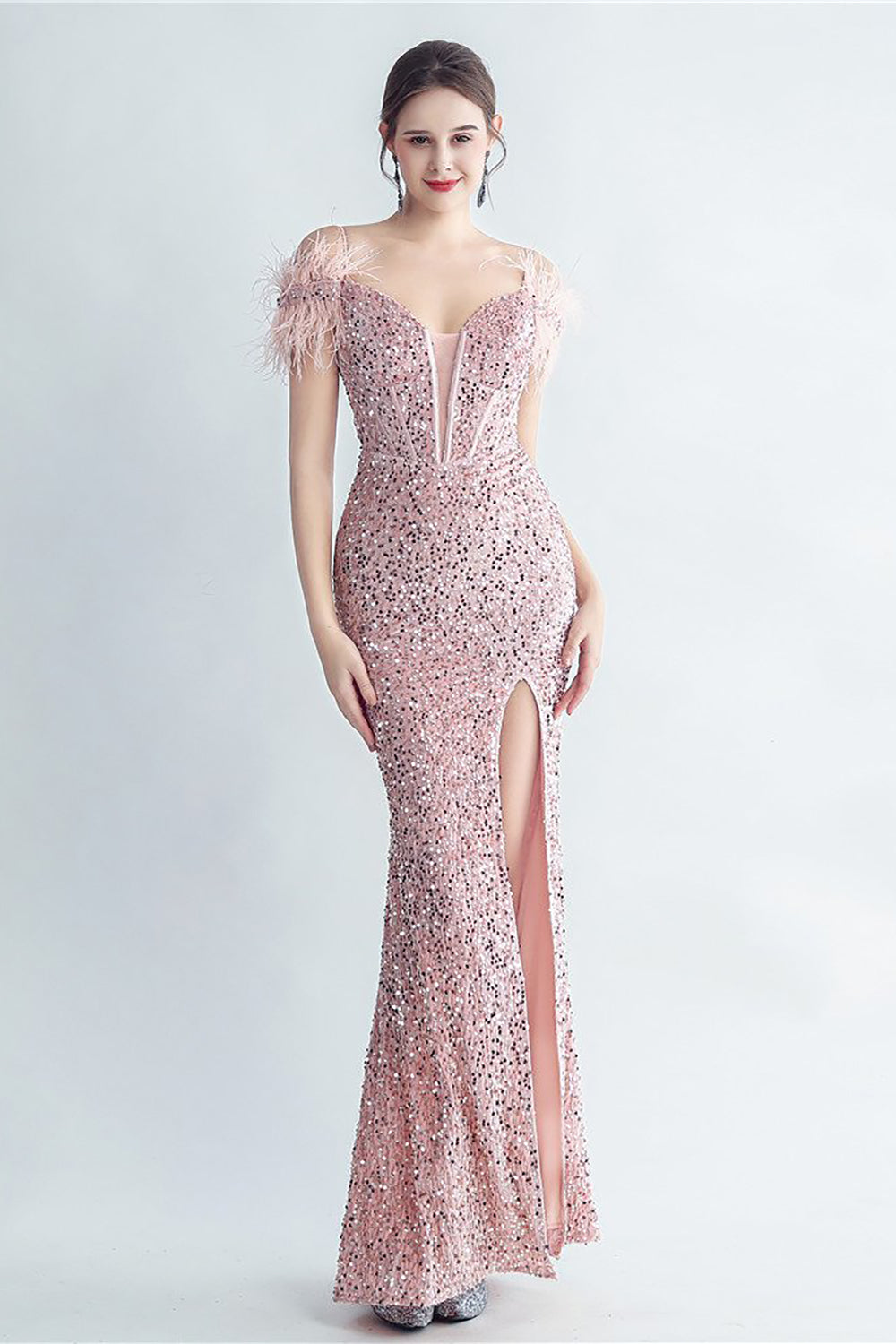 Cold Shoulder Sequins Blue Corset Formal Dress with Feathers