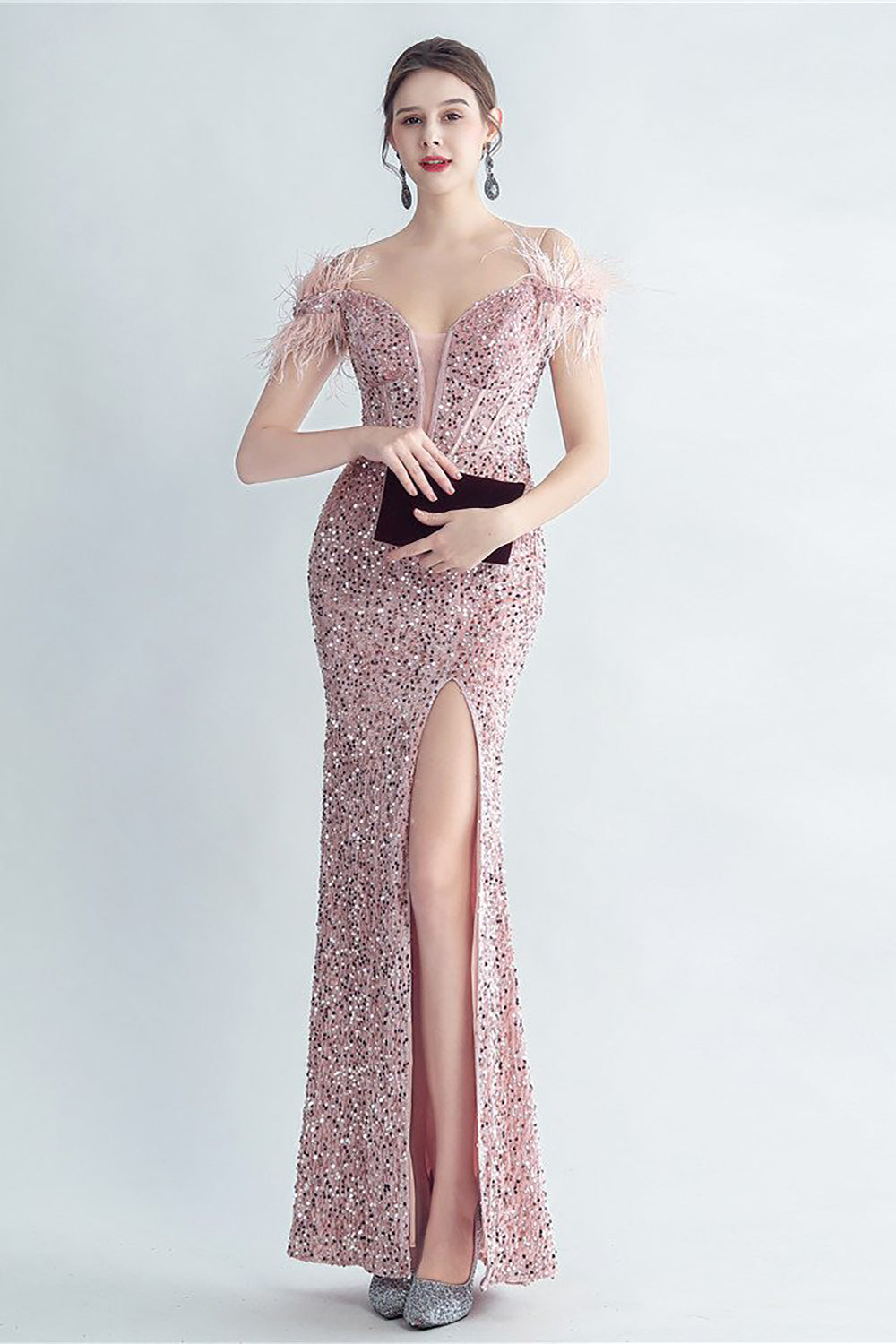 Cold Shoulder Sequins Blue Corset Formal Dress with Feathers