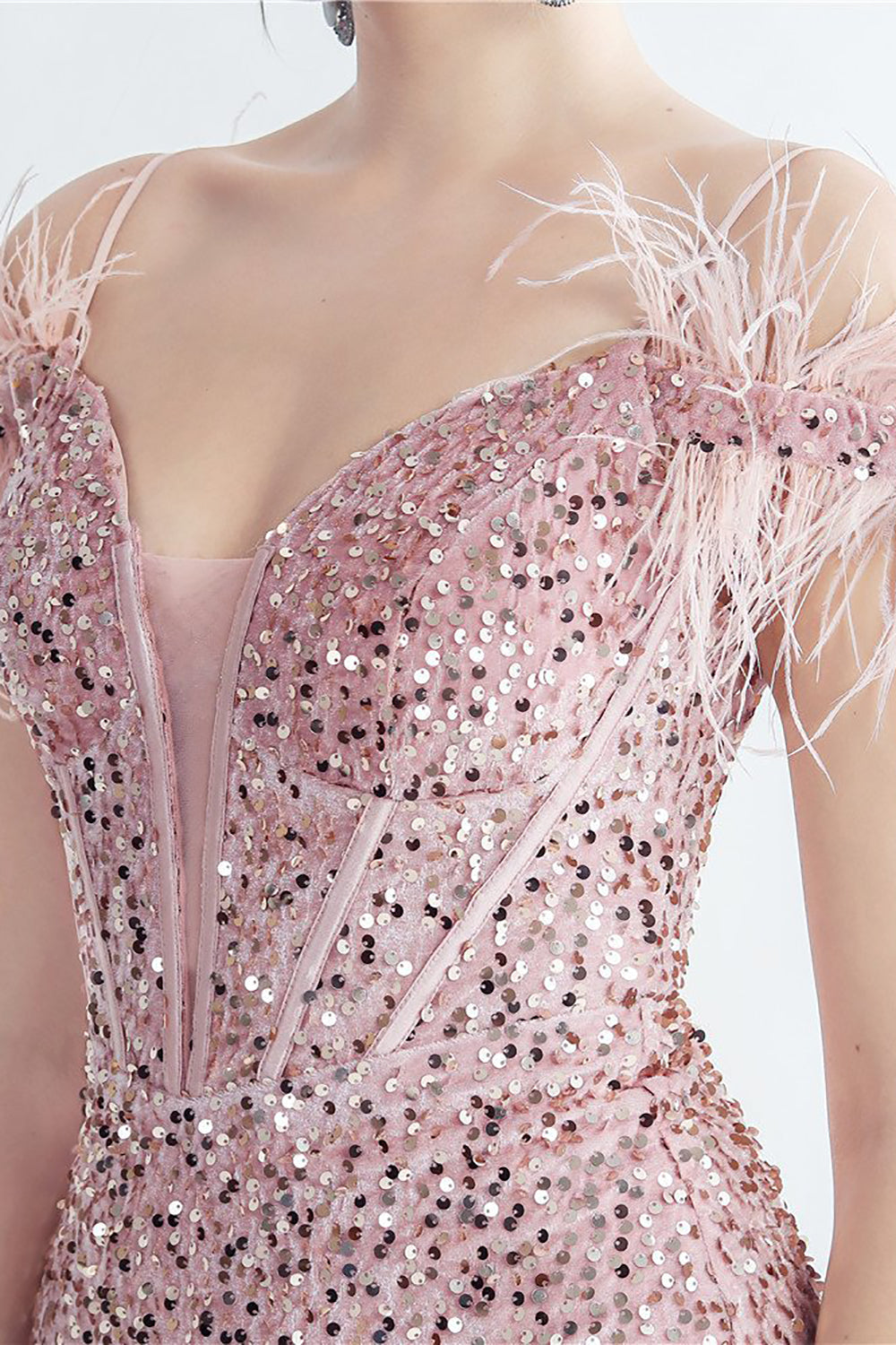 Cold Shoulder Sequins Blue Corset Formal Dress with Feathers