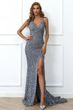 Mermaid Burgundy Sequins Formal Dress with Slit