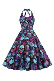 Halloween Black Halter Pumpkin Printed 1950s Dress