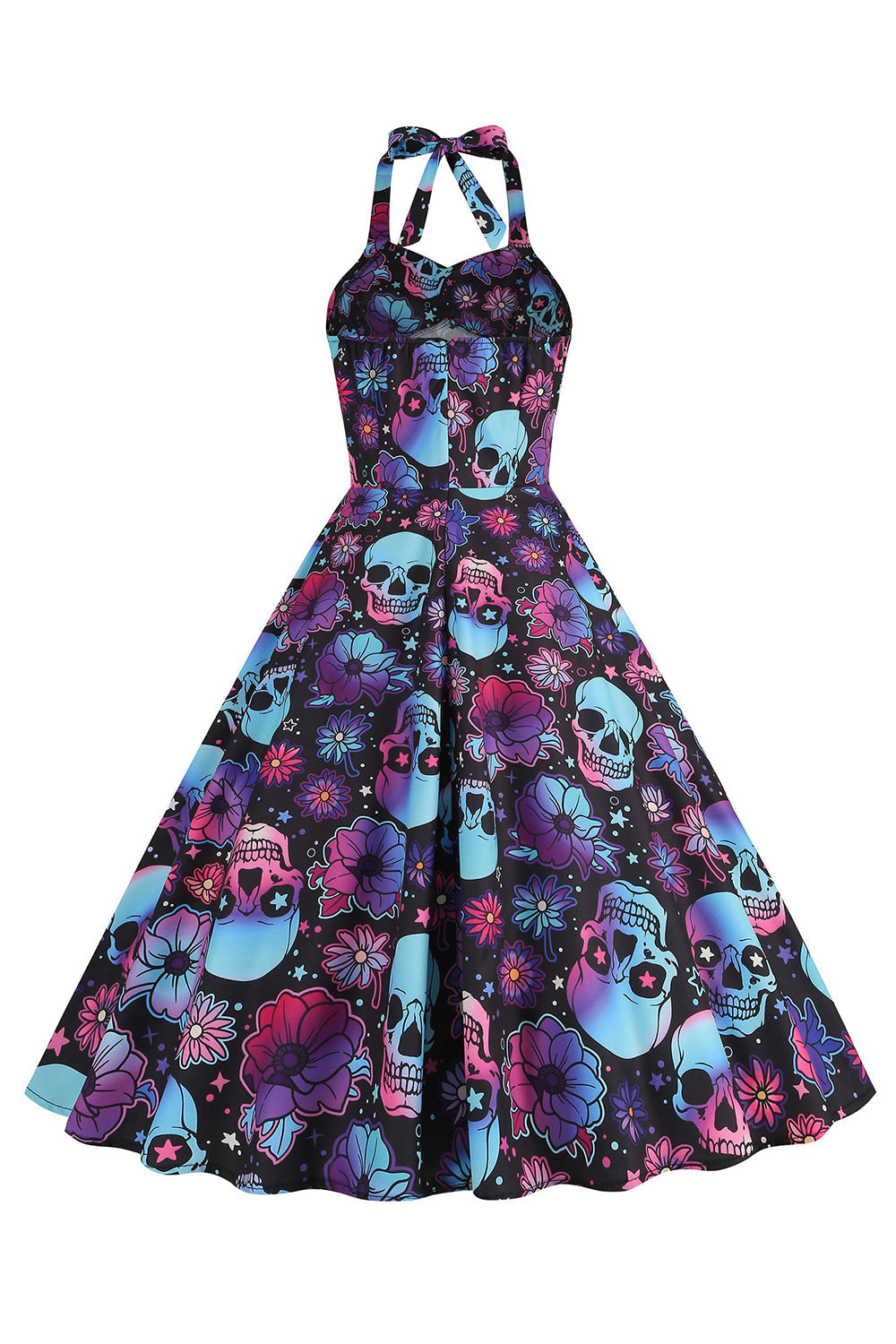 Halloween Black Halter Pumpkin Printed 1950s Dress