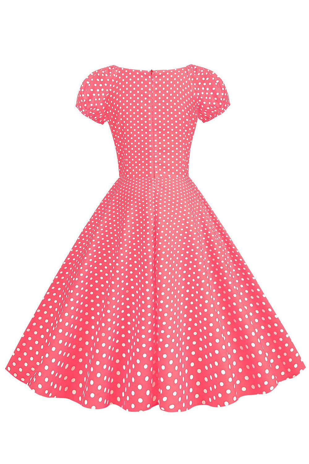 Pink Red Polka Dots Puff Sleeves 1950s Dress