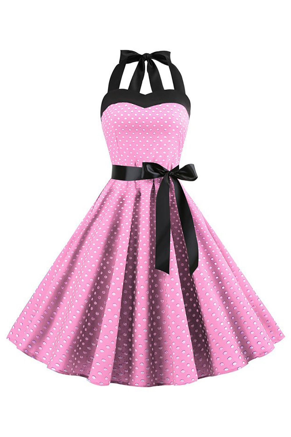 Pink Polka Dots Halter 1950s Dress With Bowknot
