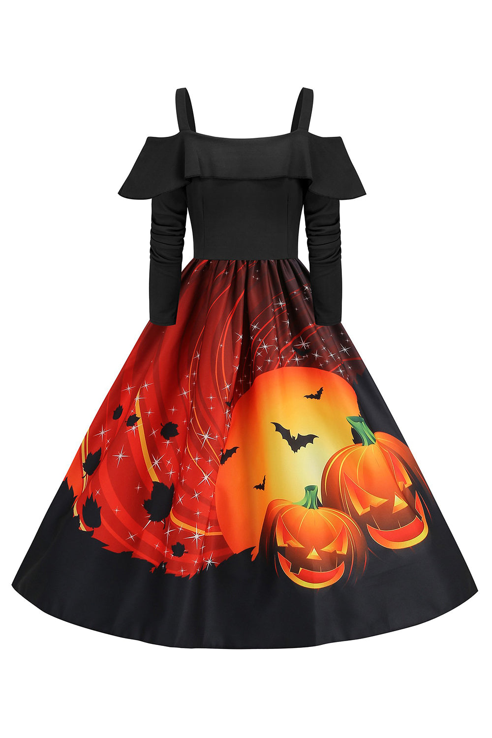 Halloween Pumpkin Printed Black Cold Shoulder VIntage Dress