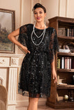 Batwing Sleeves Black Sequins 1920s Dress