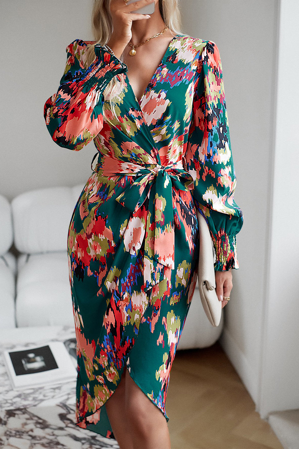 Dark Green Long Sleeves V Neck Printed Work Dress