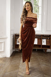 Brown Off the Shoulder Bodycon Work Dress